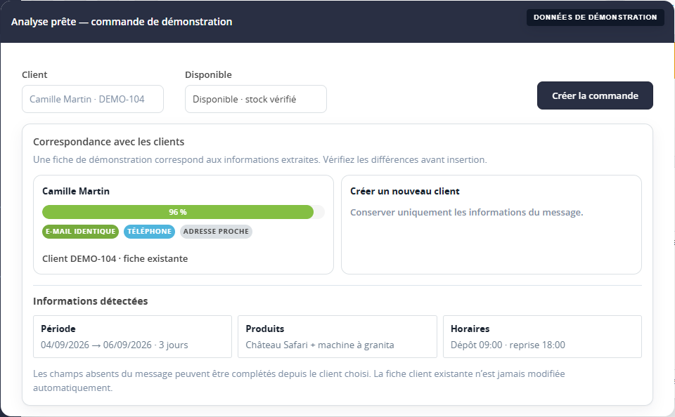 Écran réel d’analyse IA de Lenvora avec un client, une période et des produits fictifs
