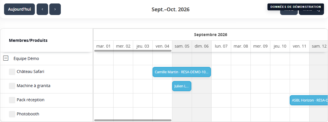Calendrier réel de Lenvora rempli avec des réservations, produits et clients fictifs