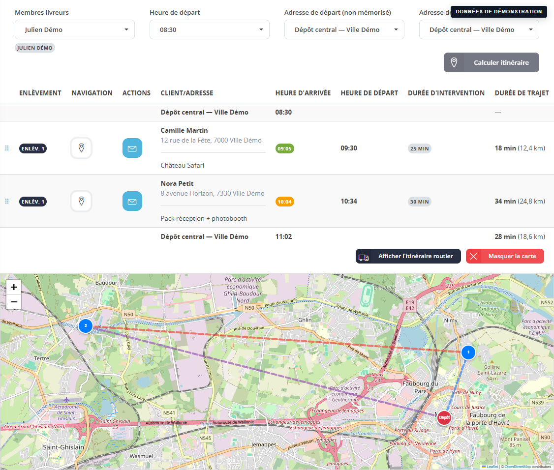 Planificateur réel de Lenvora avec une carte, un livreur, des arrêts et des adresses fictifs